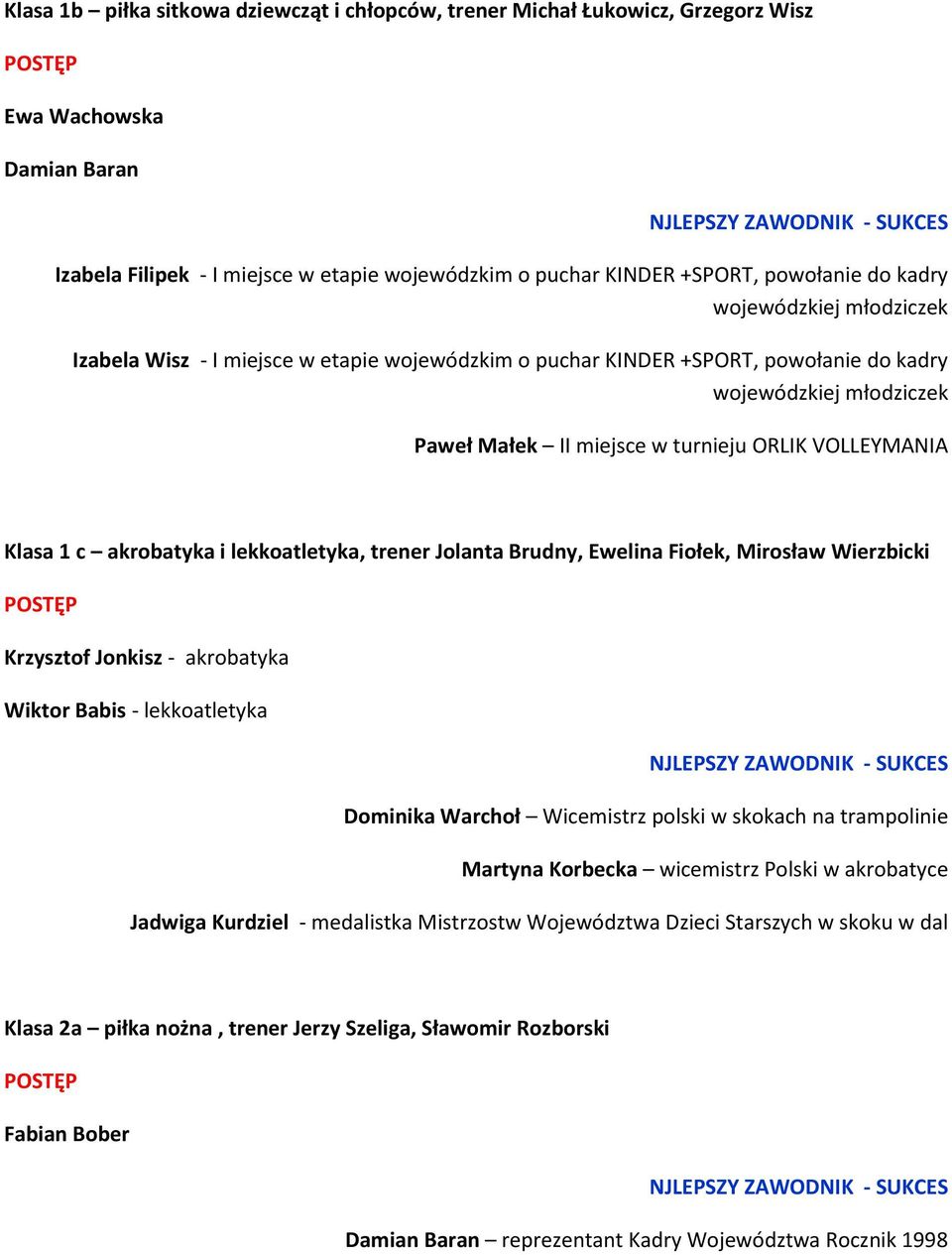 Klasa 1 c akrobatyka i lekkoatletyka, trener Jolanta Brudny, Ewelina Fiołek, Mirosław Wierzbicki Krzysztof Jonkisz - akrobatyka Wiktor Babis - lekkoatletyka Dominika Warchoł Wicemistrz polski w