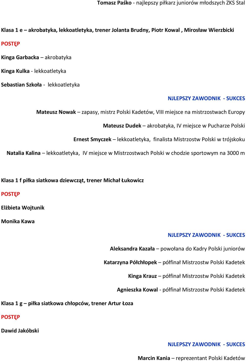 lekkoatletyka, finalista Mistrzostw Polski w trójskoku Natalia Kalina lekkoatletyka, IV miejsce w Mistrzostwach Polski w chodzie sportowym na 3000 m Klasa 1 f piłka siatkowa dziewcząt, trener Michał