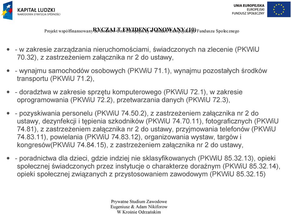 2), - doradztwa w zakresie sprzętu komputerowego (PKWiU 72.1), w zakresie oprogramowania (PKWiU 72.2), przetwarzania danych (PKWiU 72.3), - pozyskiwania personelu (PKWiU 74.50.