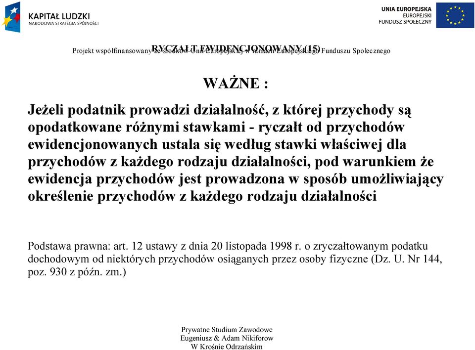 rodzaju działalności, pod warunkiem że ewidencja przychodów jest prowadzona w sposób umożliwiający określenie przychodów z każdego rodzaju działalności Podstawa