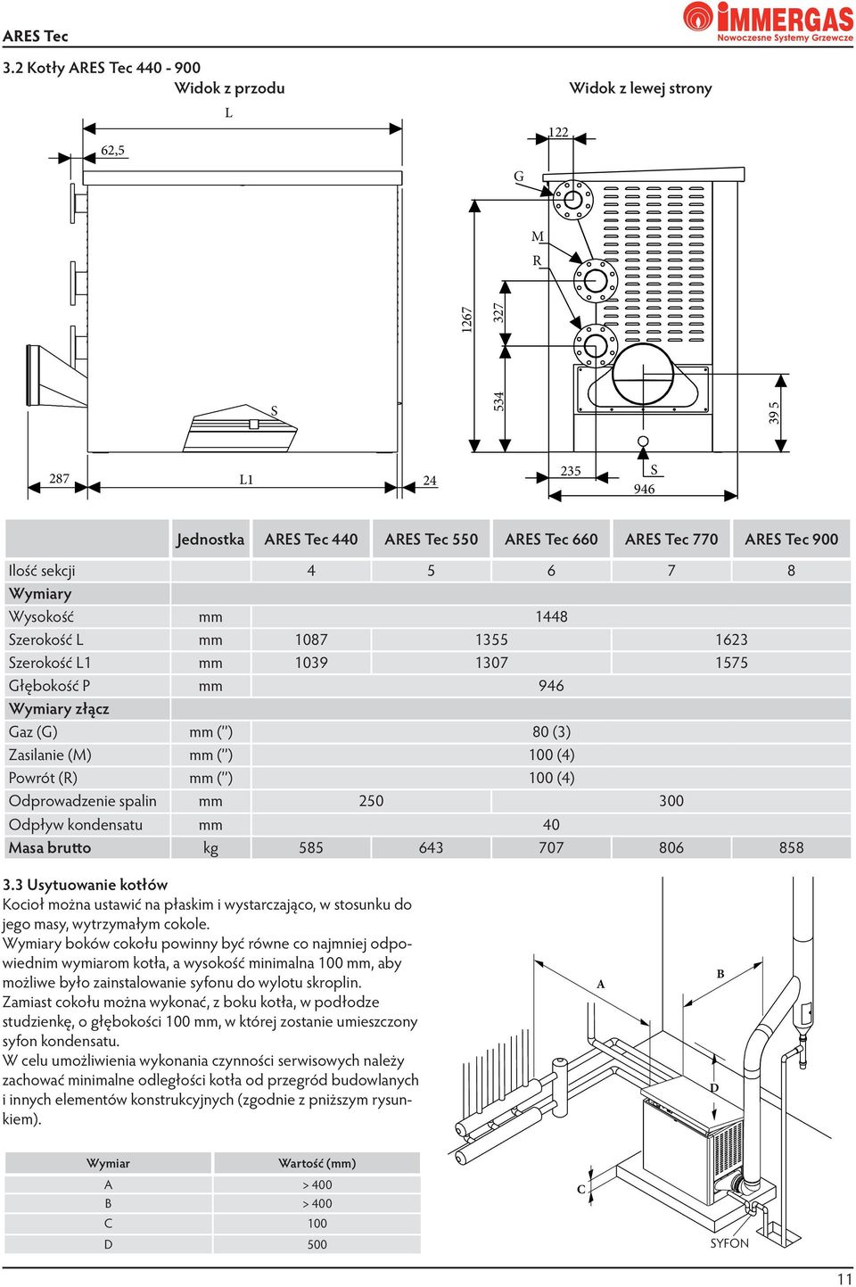sekcji 4 5 6 7 8 Wymiary Wysokość mm 1448 Szerokość L mm 1087 1355 1623 Szerokość L1 mm 1039 1307 1575 Głębokość P mm 946 Wymiary złącz Gaz (G) mm ( ) 80 (3) Zasilanie (M) mm ( ) 100 (4) Powrót (R)