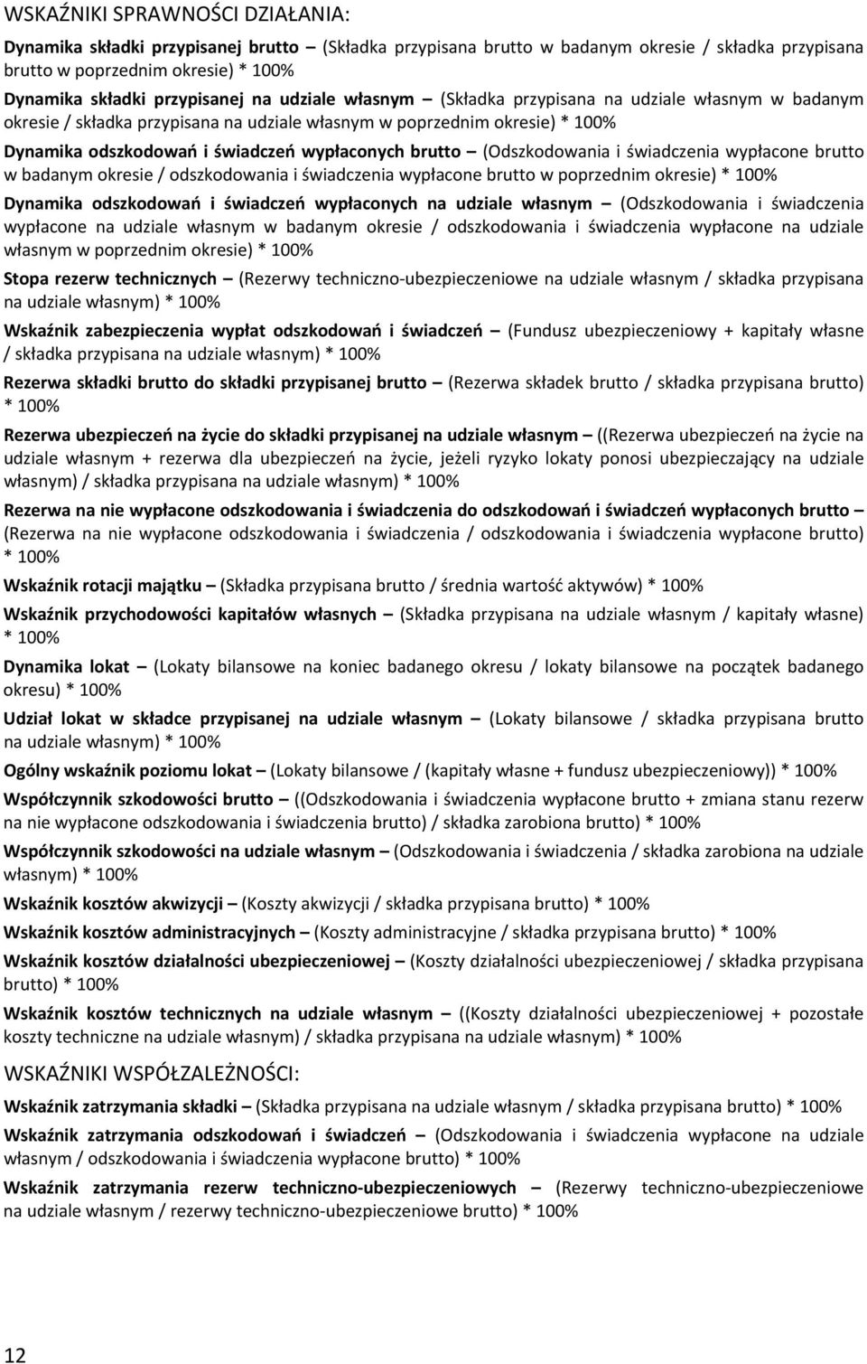 (Odszkodowania i świadczenia wypłacone brutto w badanym okresie / odszkodowania i świadczenia wypłacone brutto w poprzednim okresie) * 100% Dynamika odszkodowań i świadczeń wypłaconych na udziale