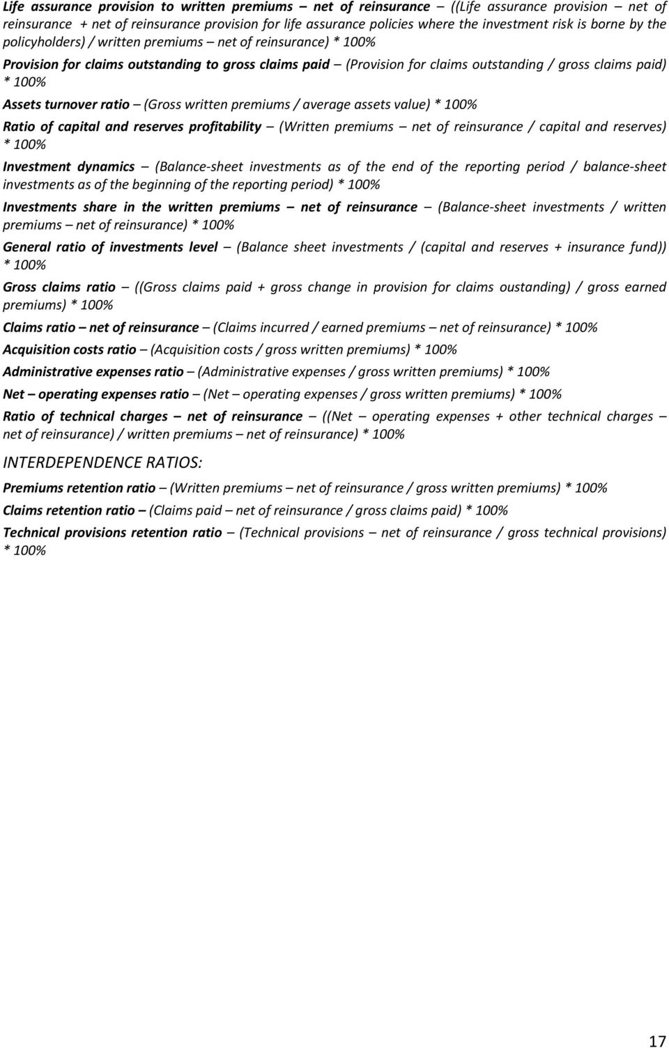 turnover ratio (Gross written premiums / average assets value) * 100% Ratio of capital and reserves profitability (Written premiums net of reinsurance / capital and reserves) * 100% Investment