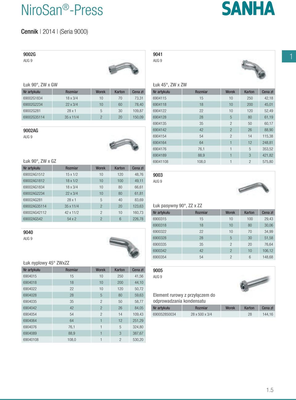 83,69 69002AG35114 35 x 11/4 2 20 123,63 69002AG42112 42 x 11/2 2 10 160,73 69002AG542 54 x 2 2 6 226,78 9040 AUG 9 Łuk nyplowy 45 ZWxZZ 6904015 15 10 250 41,56 6904018 18 10 200 44,10 6904022 22 10