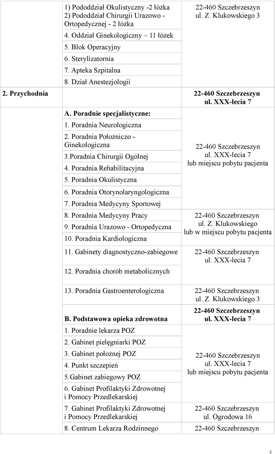 Poradnia Położniczo - Ginekologiczna 3.Poradnia Chirurgii Ogólnej 4. Poradnia Rehabilitacyjna 5. Poradnia Okulistyczna 6. Poradnia Otorynolaryngologiczna 7.