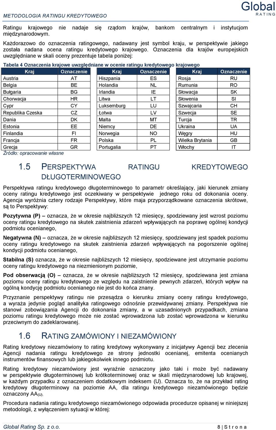 Oznaczenia dla krajów europejskich uwzględniane w skali oceny prezentuje tabela poniżej: Tabela 4 Oznaczenia krajowe uwzględniane w ocenie ratingu kredytowego krajowego Kraj Oznaczenie Kraj