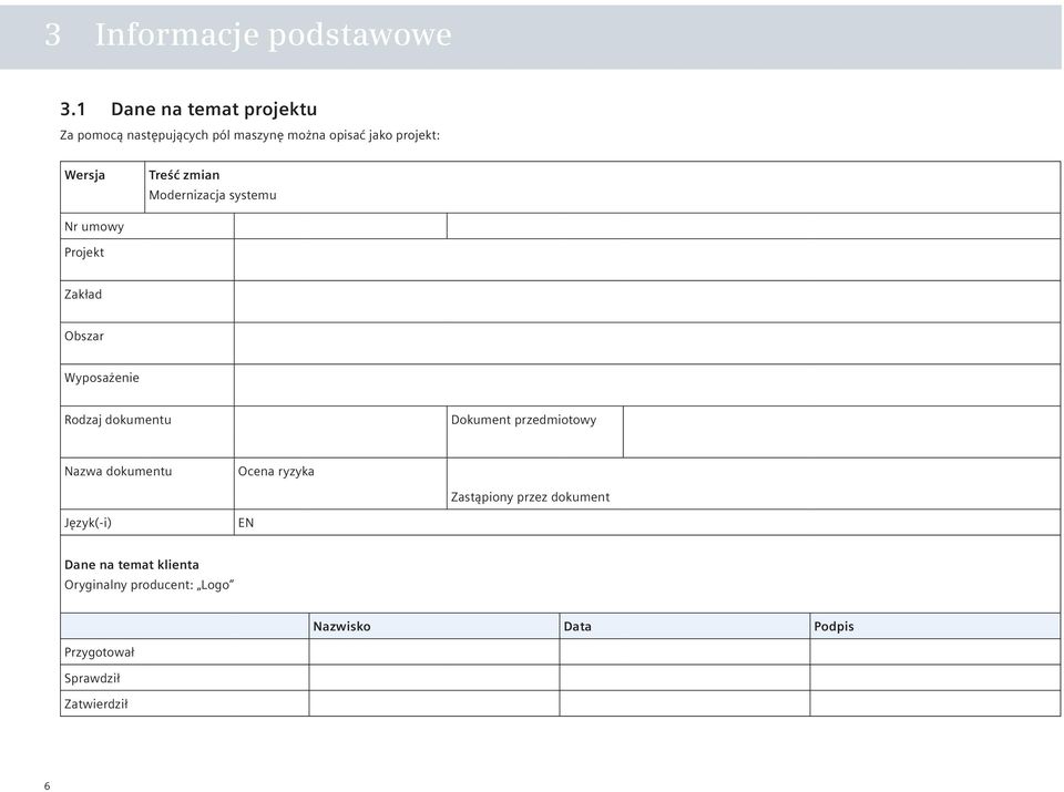 zmian Modernizacja systemu Nr umowy Projekt Zakład Obszar Wyposażenie Rodzaj dokumentu Dokument