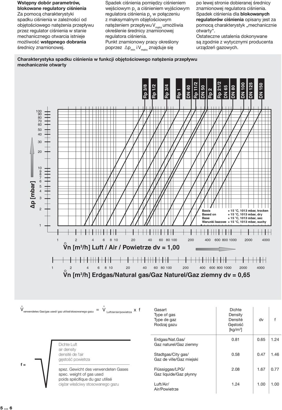 Spadek ciśnienia pomiędzy ciśnieniem wejściowym p 1 a ciśnieniem wyjściowym regulatora ciśnienia p 2 w połączeniu z maksymalnym objętościowym natężeniem przepływu V maks umożliwia określenie średnicy