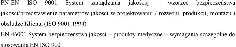 produkcji, montażu i obsłudze Klienta (ISO 9001:1994) EN 46001 System