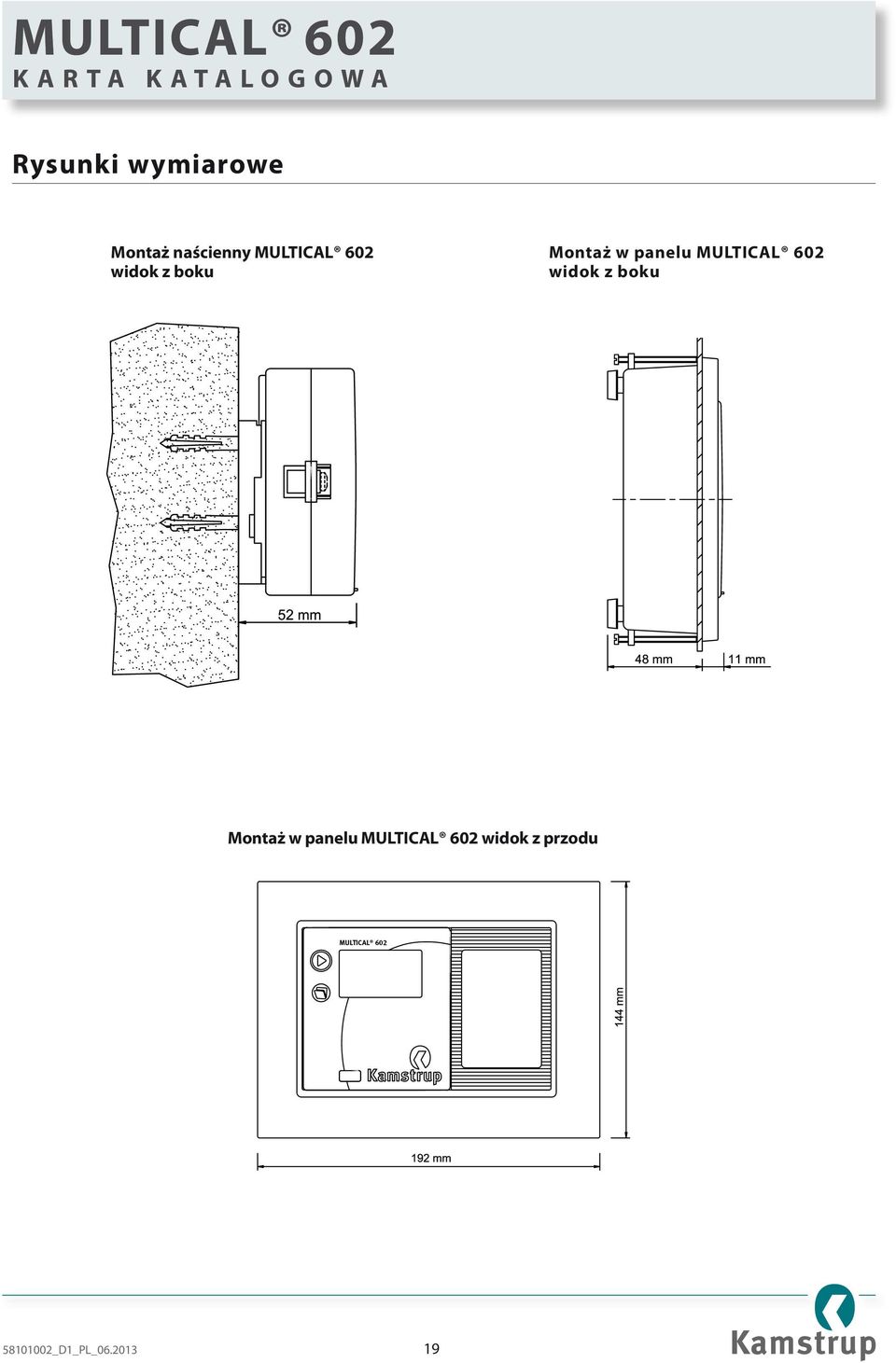 widok z boku Montaż w panelu MULTICAL 602