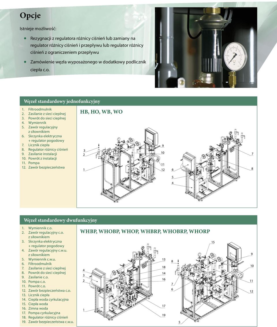 Zawór regulacyjny z siłownikiem 6. Skrzynka elektryczna + regulator pogodowy 7. Licznik ciepła 8. Regulator różnicy ciśnień 9. Zasilanie instalacji 10. Powrót z instalacji 11. Pompa 12.