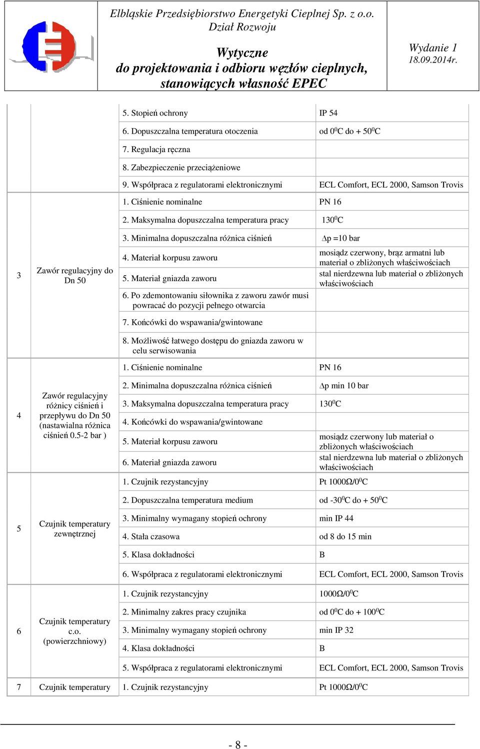 Współpraca z regulatorami elektronicznymi ECL Comfort, ECL 2000, Samson Trovis 1. Ciśnienie nominalne PN 16 2. Maksymalna dopuszczalna temperatura pracy 130 0 C 3.