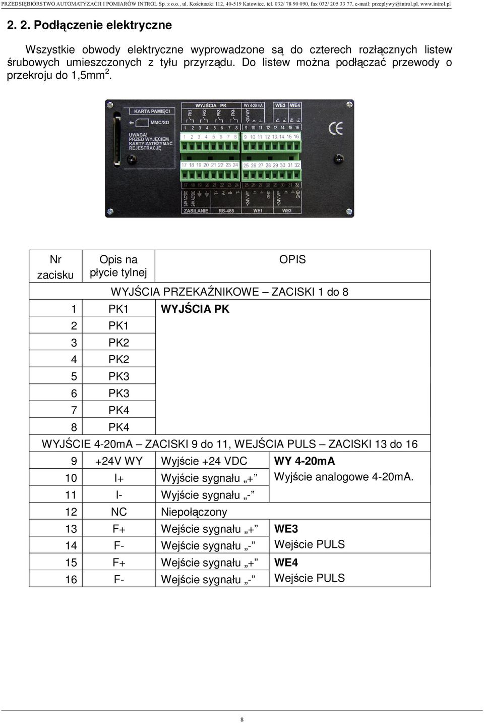 Nr zacisku Opis na płycie tylnej OPIS WYJ CIA PRZEKA NIKOWE ZACISKI 1 do 8 1 PK1 WYJ CIA PK 2 PK1 3 PK2 4 PK2 5 PK3 6 PK3 7 PK4 8 PK4 WYJ CIE 4-20mA ZACISKI 9 do