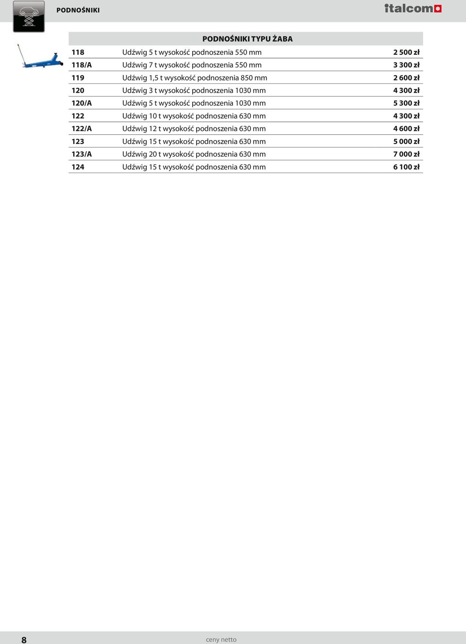 podnoszenia 1030 mm 5 300 zł 122 Udźwig 10 t wysokość podnoszenia 630 mm 4 300 zł 122/A Udźwig 12 t wysokość podnoszenia 630 mm 4 600 zł 123