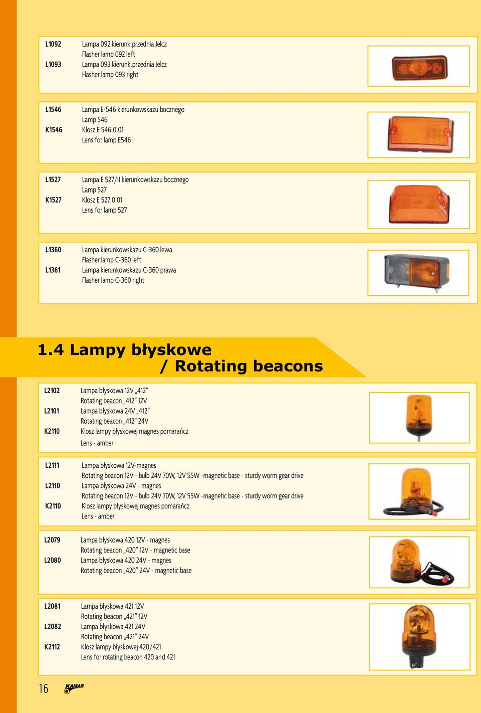 4 Lampy błyskowe / Rotating beacons L2102 Lampa błyskowa 12V 412 Rotating beacon 412 12V L2101 Lampa błyskowa 24V 412 Rotating beacon 412 24V K2110 Klosz lampy błyskowej magnes pomarańcz Lens - amber