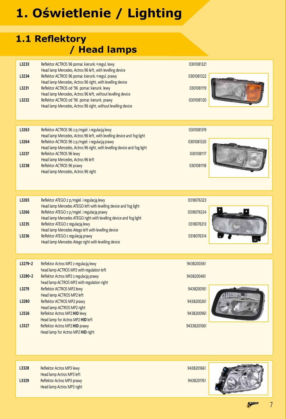 prawy 0301081322 Head lamp Mercedes, Actros 96 right, with levelling device L3231 Reflektor ACTROS od 96 pomar. kierunk.