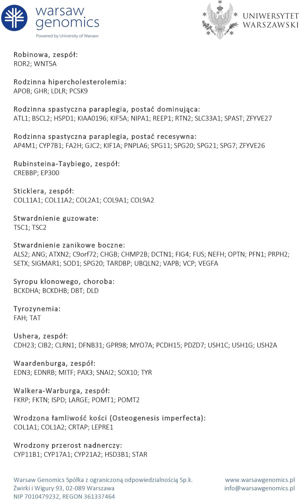 Sticklera, zespół: COL11A1; COL11A2; COL2A1; COL9A1; COL9A2 Stwardnienie guzowate: TSC1; TSC2 Stwardnienie zanikowe boczne: ALS2; ANG; ATXN2; C9orf72; CHGB; CHMP2B; DCTN1; FIG4; FUS; NEFH; OPTN;