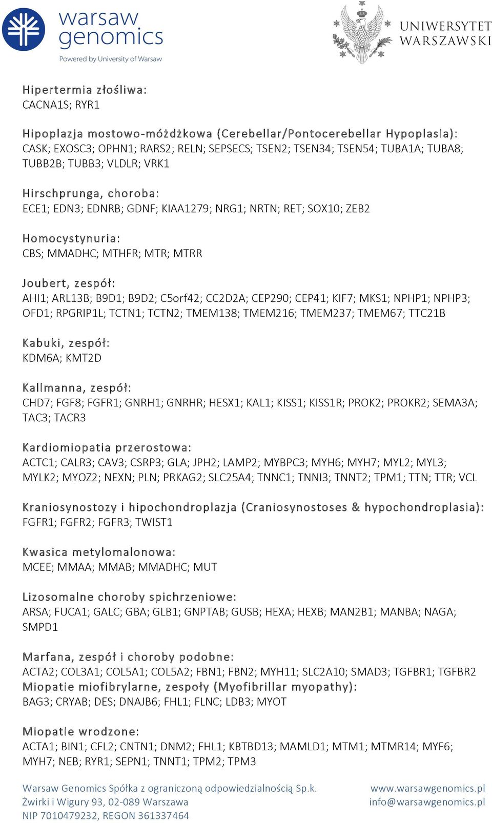 C5orf42; CC2D2A; CEP290; CEP41; KIF7; MKS1; NPHP1; NPHP3; OFD1; RPGRIP1L; TCTN1; TCTN2; TMEM138; TMEM216; TMEM237; TMEM67; TTC21B Kabuki, zespół: KDM6A; KMT2D Kallmanna, zespół: CHD7; FGF8; FGFR1;