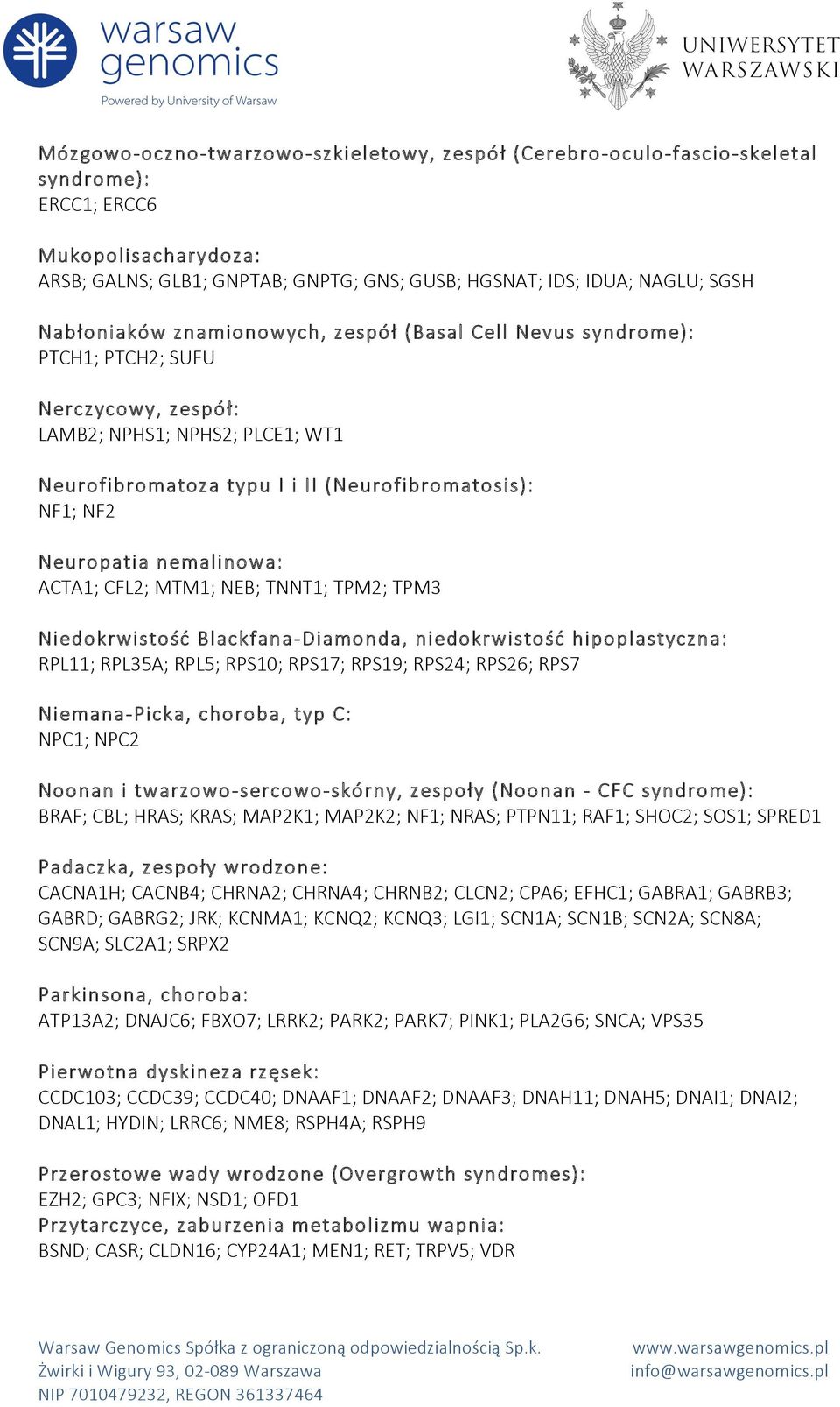 Neuropatia nemalinowa: ACTA1; CFL2; MTM1; NEB; TNNT1; TPM2; TPM3 Niedokrwistość Blackfana- Diamonda, niedokrwistość hipoplastyczna: RPL11; RPL35A; RPL5; RPS10; RPS17; RPS19; RPS24; RPS26; RPS7