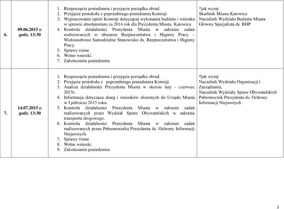 2015 r. 3. Analiza działalności Prezydenta Miasta w okresie luty - czerwiec 2015r. 4. Informacja dotycząca skarg i wniosków złożonych do Urzędu Miasta w I półroczu 2015 roku. 5.