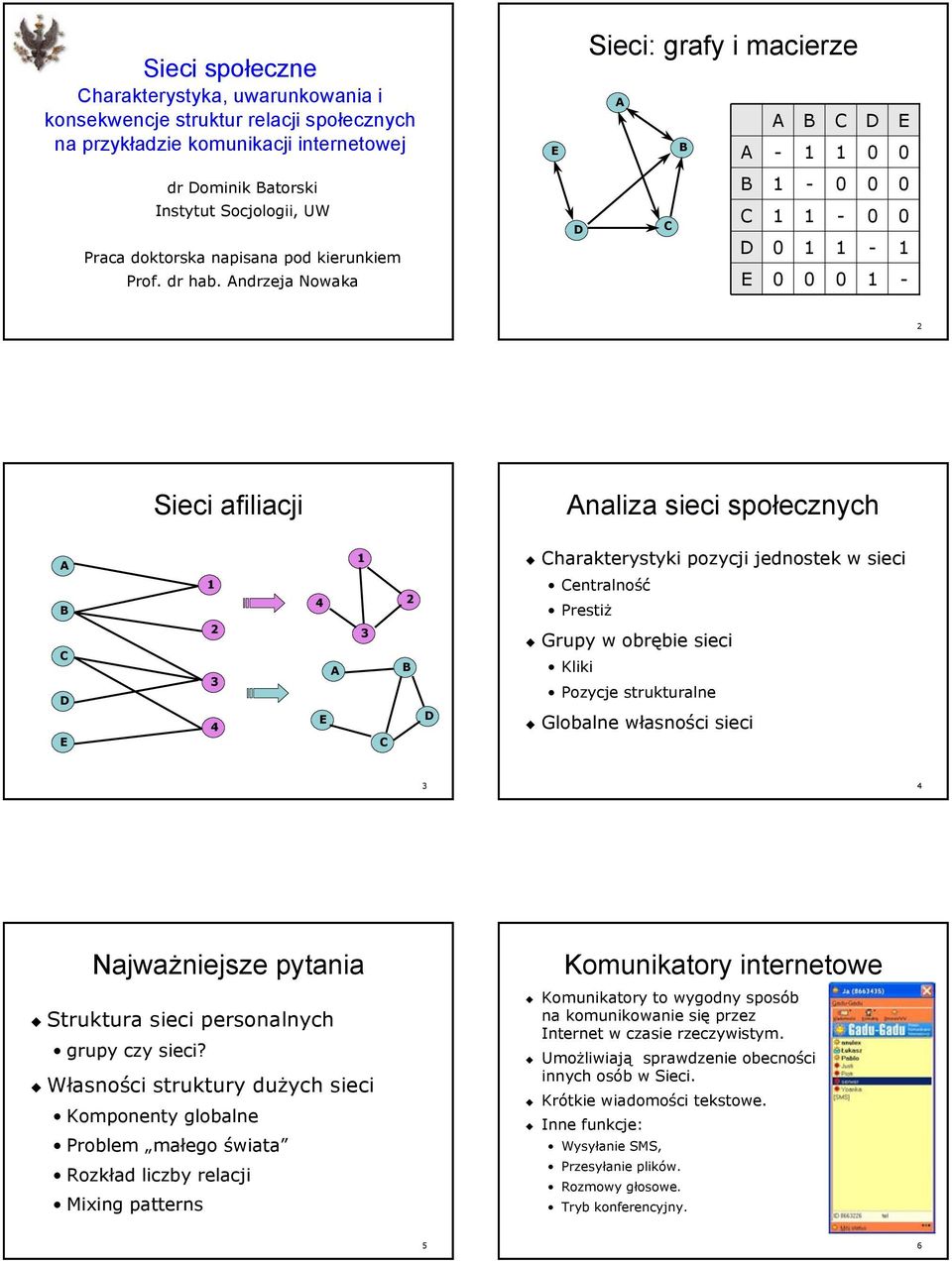 Andrzeja Nowaka D C C D E - - - 2 Sieci afiliacji Analiza sieci społecznych A B C D E 2 3 4 4 E A 3 C 2 B D Charakterystyki pozycji jednostek w sieci Centralność Prestiż Grupy w obrębie sieci Kliki