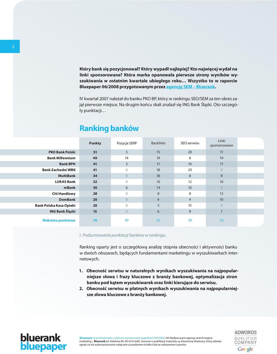 IV kwartał 7 należał do banku PKO BP, który w rankingu SEO/SEM za ten okres zajął pierwsze miejsce. Na drugim końcu skali znalazł się ING Bank Śląski.