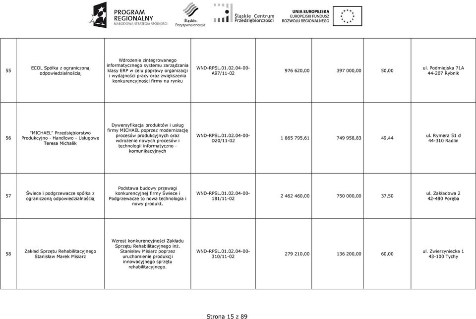 Podmiejska 71A 44-207 Rybnik 56 "MICHAEL" Przedsiębiorstwo Produkcyjno - Handlowo - Usługowe Teresa Michalik Dywersyfikacja produktów i usług firmy MICHAEL poprzez modernizację procesów produkcyjnych