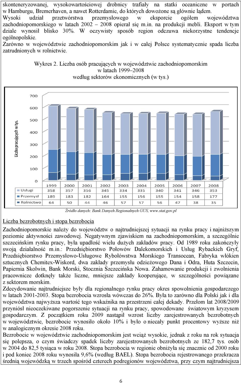 W oczywisty sposób region odczuwa niekorzystne tendencje ogólnopolskie. Zarówno w województwie zachodniopomorskim jak i w całej Polsce systematycznie spada liczba zatrudnionych w rolnictwie. Wykres 2.