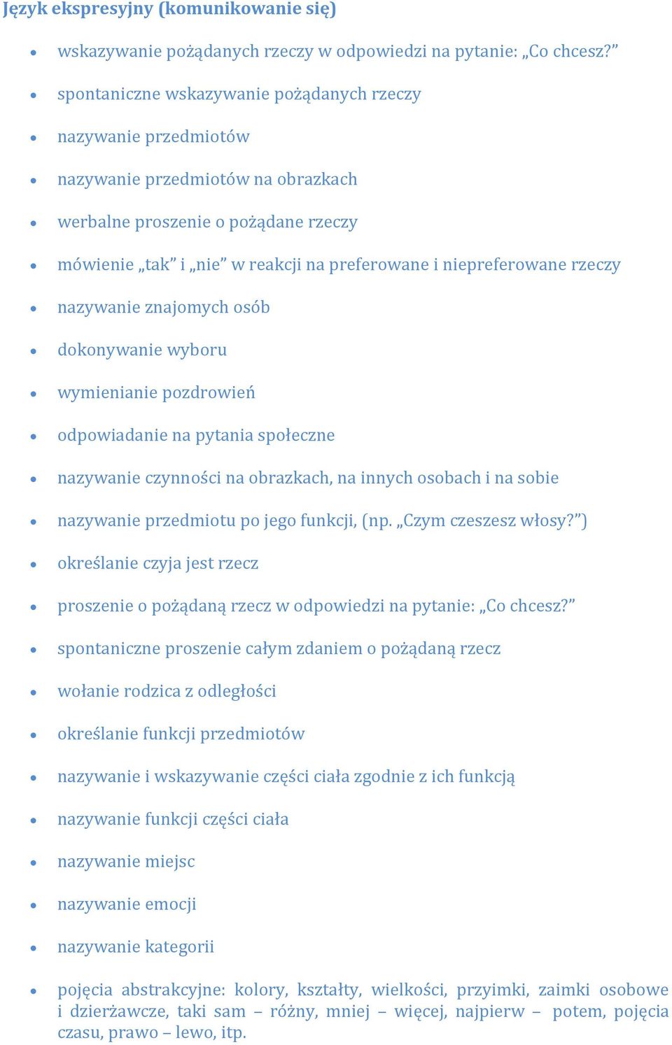 rzeczy nazywanie znajomych osób dokonywanie wyboru wymienianie pozdrowień odpowiadanie na pytania społeczne nazywanie czynności na obrazkach, na innych osobach i na sobie nazywanie przedmiotu po jego