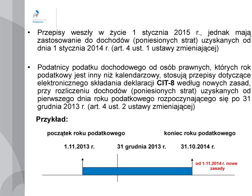 składania deklaracji CIT-8 według nowych zasad, przy rozliczeniu dochodów (poniesionych strat) uzyskanych od pierwszego dnia roku podatkowego rozpoczynającego się po