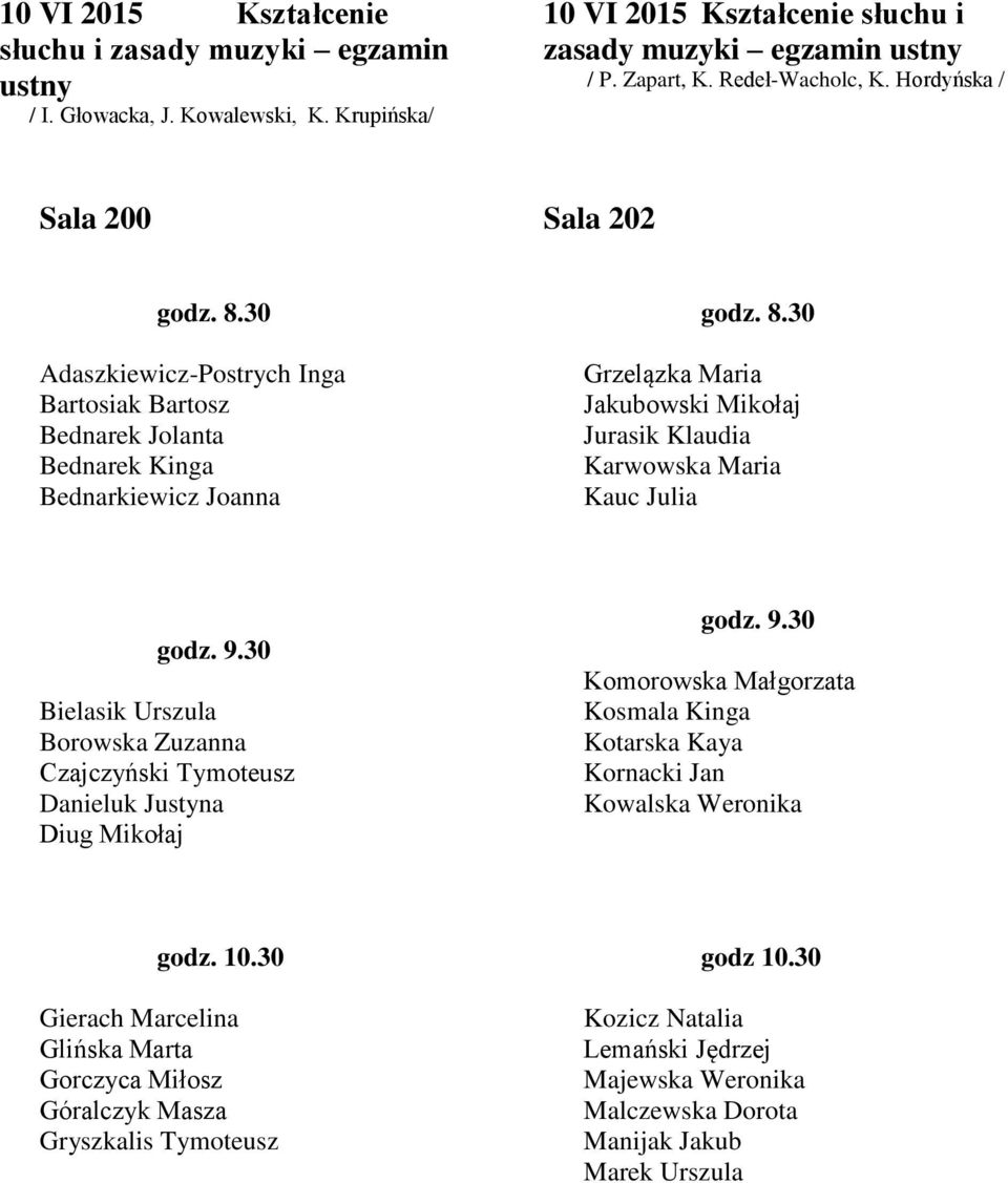 9.30 Bielasik Urszula Borowska Zuzanna Czajczyński Tymoteusz Danieluk Justyna Diug Mikołaj godz. 9.30 Komorowska Małgorzata Kosmala Kinga Kotarska Kaya Kornacki Jan Kowalska Weronika godz. 10.