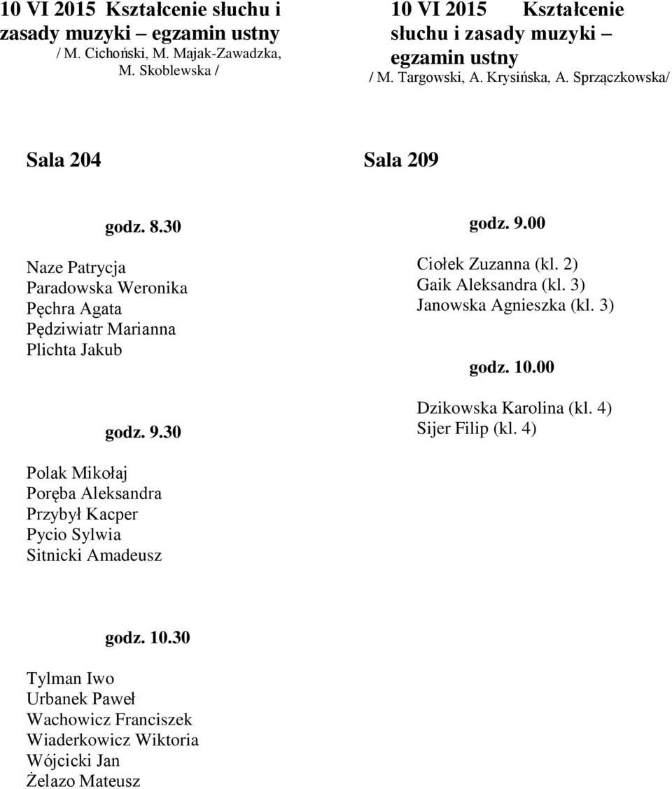 30 Naze Patrycja Paradowska Weronika Pęchra Agata Pędziwiatr Marianna Plichta Jakub godz. 9.30 godz. 9.00 Ciołek Zuzanna (kl. 2) Gaik Aleksandra (kl.