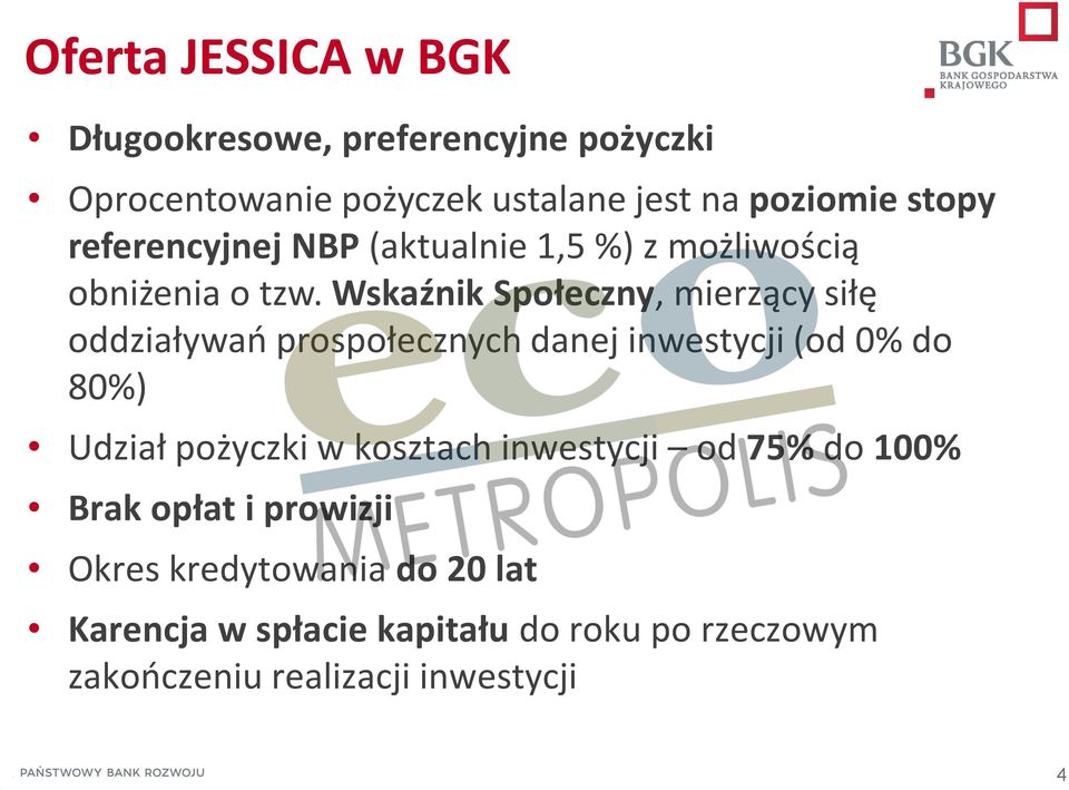 Wskaźnik Społeczny, mierzący siłę oddziaływań prospołecznych danej inwestycji (od 0% do 80%) Udział pożyczki w