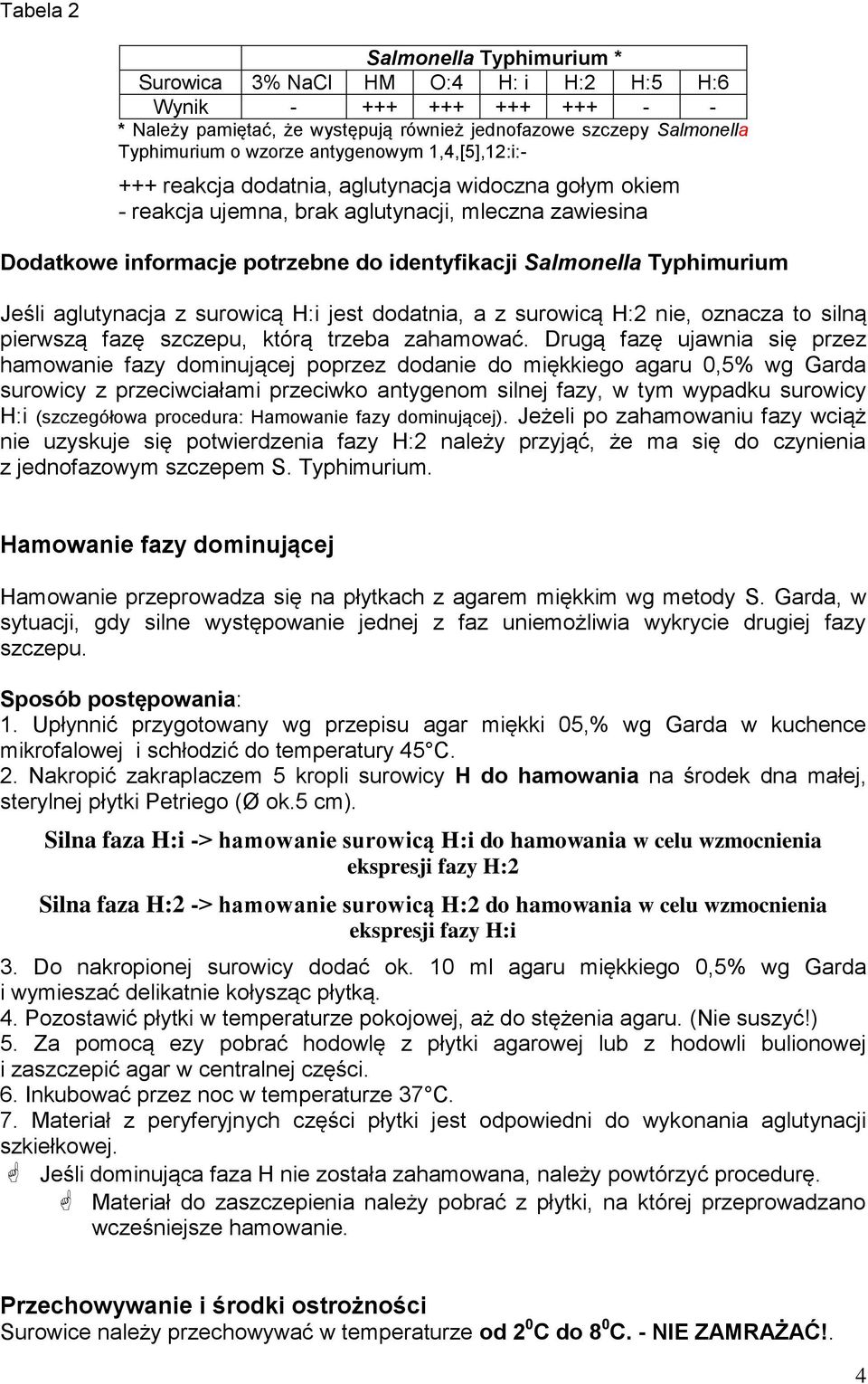 Typhimurium Jeśli aglutynacja z surowicą H:i jest dodatnia, a z surowicą H:2 nie, oznacza to silną pierwszą fazę szczepu, którą trzeba zahamować.