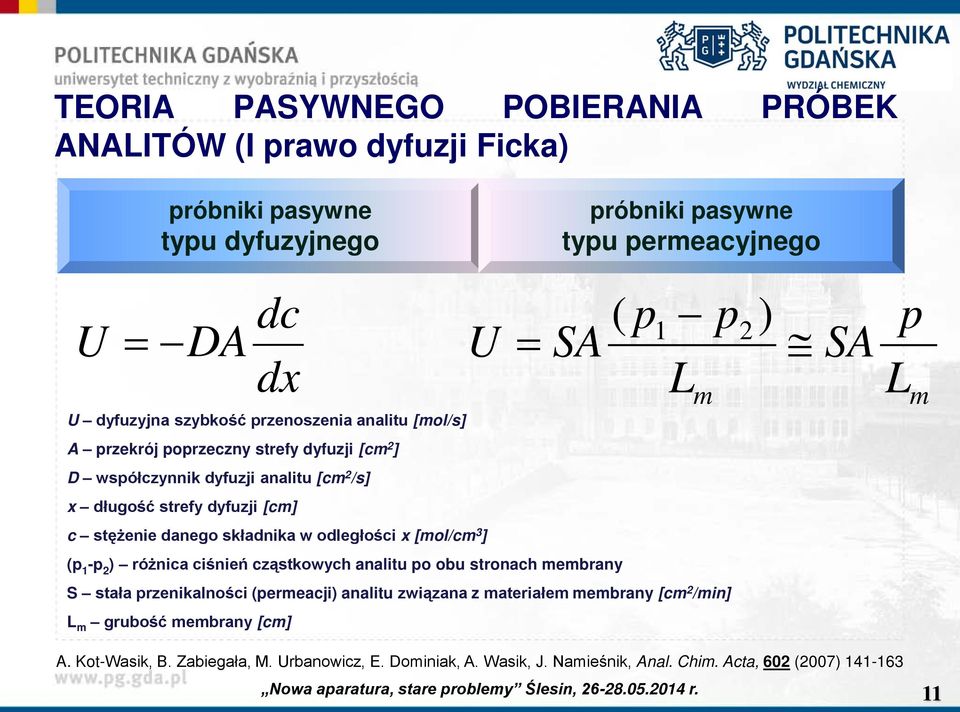 stężenie danego składnika w odległości x [mol/cm 3 ] (p 1 -p 2 ) różnica ciśnień cząstkowych analitu po obu stronach membrany S stała przenikalności (permeacji) analitu