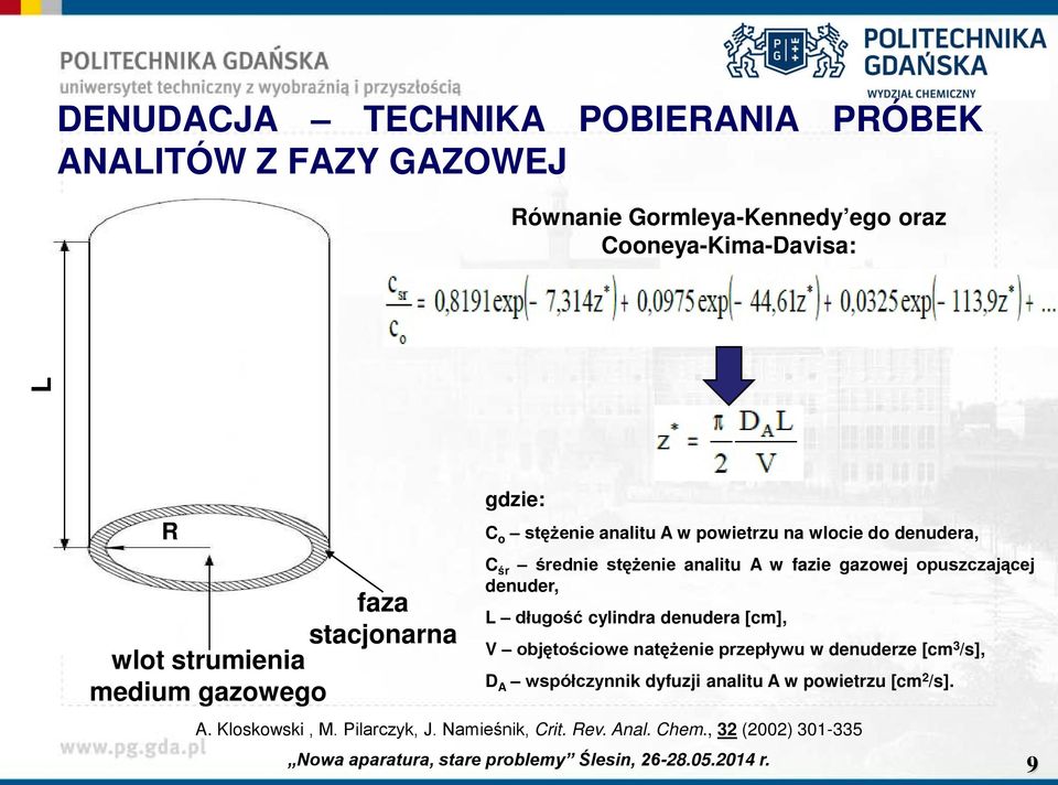 analitu A w fazie gazowej opuszczającej denuder, L długość cylindra denudera [cm], V objętościowe natężenie przepływu w denuderze [cm 3