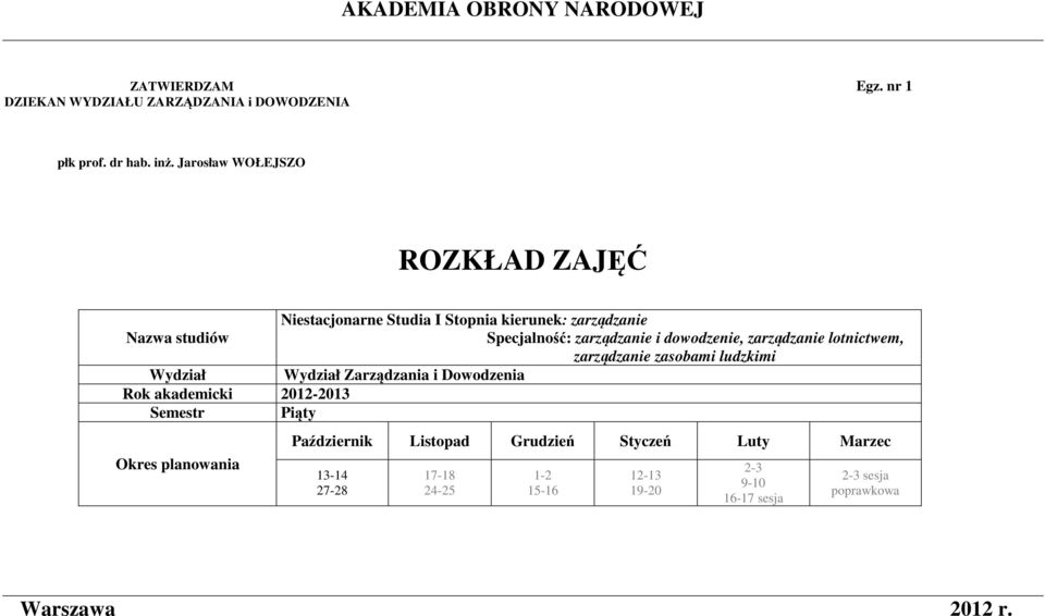 zarządzanie lotnictwem, zarządzanie zasobami ludzkimi Wydział Wydział Zarządzania i Dowodzenia Rok akademicki 2012-2013 Semestr Piąty Okres