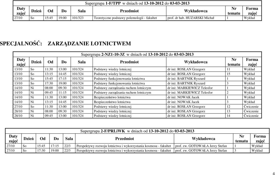 ROSŁAN Grzegorz 11 Wykład 13/10 So 13:15 14:45 101/324 Podstawy wiedzy lotniczej dr inż. ROSŁAN Grzegorz 15 Wykład 13/10 So 15:45 17:15 101/324 Podstawy funkcjonowania lotnictwa dr inż.