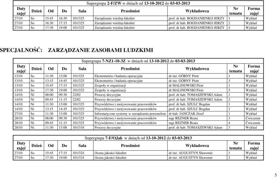 BOGDANIENKO JERZY 2 Wykład 27/10 So 17:30 19:00 101/325 Zarządzanie wiedzą-fakultet prof. dr hab.