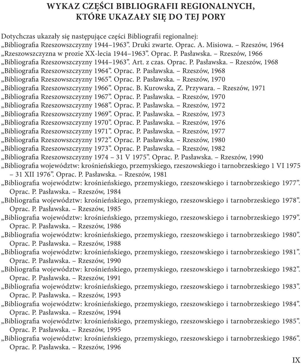 Oprac. P. Pasławska. Rzeszów, 1968 Bibliografia Rzeszowszczyzny 1965. Oprac. P. Pasławska. Rzeszów, 1970 Bibliografia Rzeszowszczyzny 1966. Oprac. B. Kurowska, Z. Przywara.