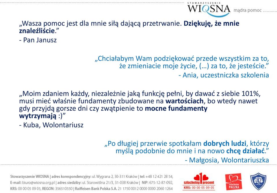 - Ania, uczestniczka szkolenia Moim zdaniem każdy, niezależnie jaką funkcję pełni, by dawać z siebie 101%, musi mieć właśnie fundamenty zbudowane na