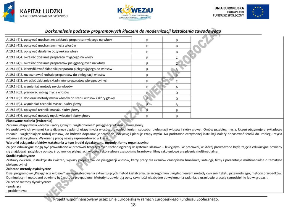 rozpoznawać rodzaje preparatów do pielęgnacji włosów B A.19.1 (5)3. określać działanie składników preparatów pielęgnacyjnych A.19.1 (6)1. wymieniać metody mycia włosów A A.19.1 (6)2.