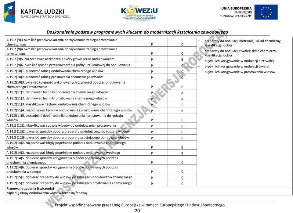 19.2(10)2. planować zabieg prostowania chemicznego włosów A.19.2(10)3. określać kolejność wykonywanych czynności podczas ondulowania chemicznego i prostowania A.19.2(11)1.