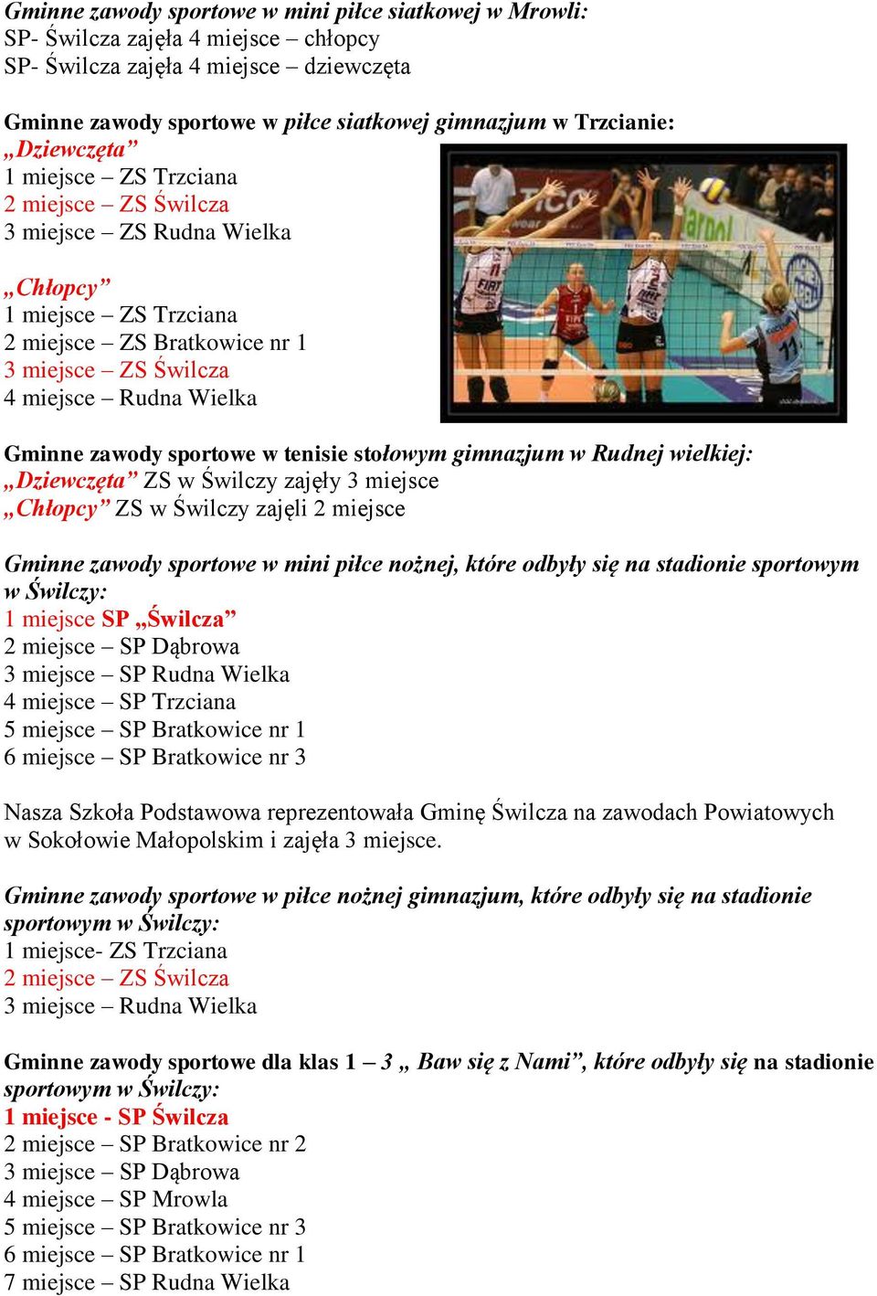 sportowe w tenisie stołowym gimnazjum w Rudnej wielkiej: Dziewczęta ZS w Świlczy zajęły 3 miejsce Chłopcy ZS w Świlczy zajęli 2 miejsce Gminne zawody sportowe w mini piłce nożnej, które odbyły się na