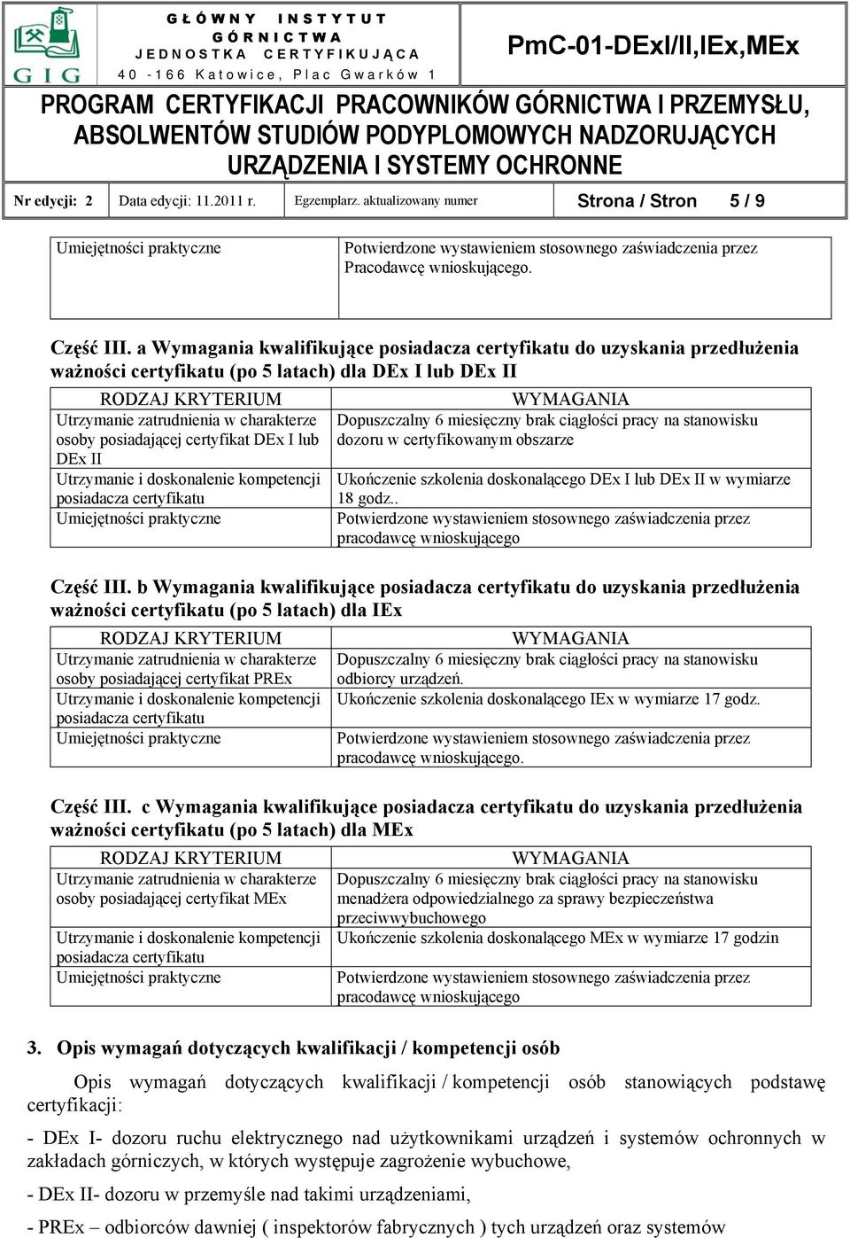 DEx I lub DEx II Utrzymanie i doskonalenie kompetencji posiadacza certyfikatu Dopuszczalny 6 miesięczny brak ciągłości pracy na stanowisku dozoru w certyfikowanym obszarze Ukończenie szkolenia