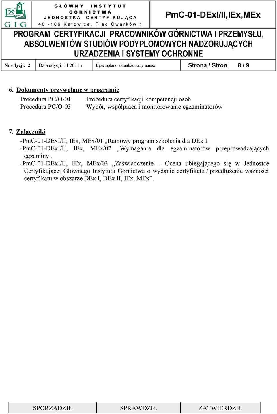 Załączniki -PmC-01-DExI/II, IEx, MEx/01 Ramowy program szkolenia dla DEx I -PmC-01-DExI/II, IEx, MEx/02 Wymagania dla egzaminatorów przeprowadzających egzaminy.