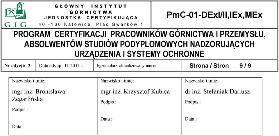 Bronisława Zegarlińska Podpis : Data : Nazwisko i imię: mgr inż.