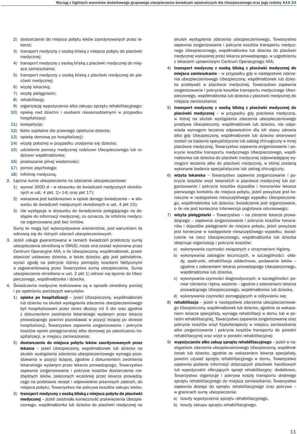 placówki medycznej do placówki medycznej; 6) wizytę lekarską; 7) wizytę pielęgniarki; 8) rehabilitację; 9) organizację wypożyczenia albo zakupu sprzętu rehabilitacyjnego; 10) opiekę nad dziećmi i