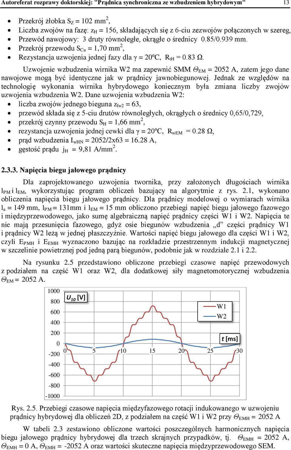 Uzwojenie wzbudzenia wirnika W2 ma zapewnić SMM Θ EM = 2052 A, zatem jego dane nawojowe mogą być identyczne jak w prądnicy jawnobiegunowej.