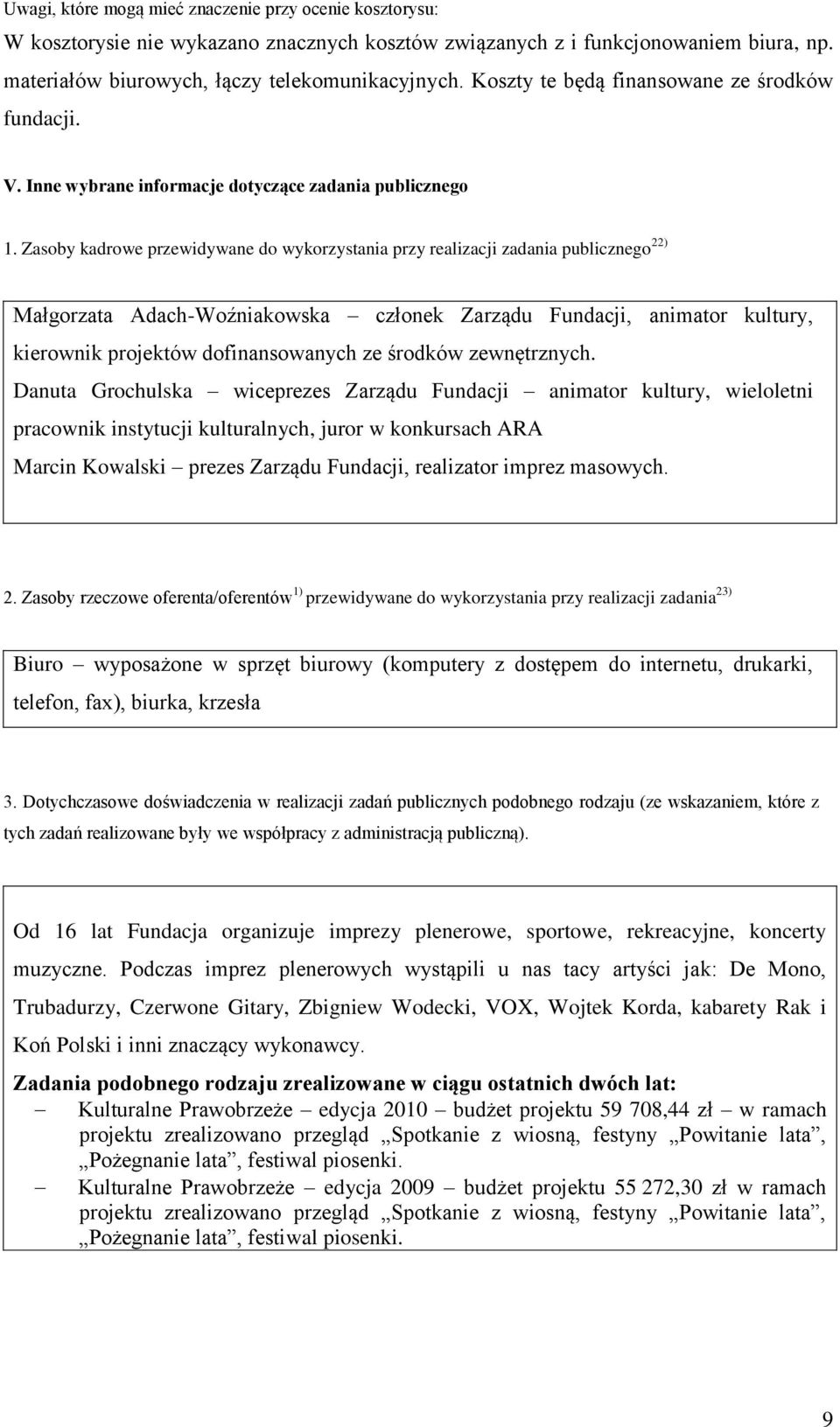 Zasoby kadrowe przewidywane do wykorzystania przy realizacji zadania publicznego 22) Małgorzata Adach-Woźniakowska członek Zarządu Fundacji, animator kultury, kierownik projektów dofinansowanych ze